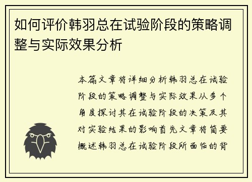 如何评价韩羽总在试验阶段的策略调整与实际效果分析