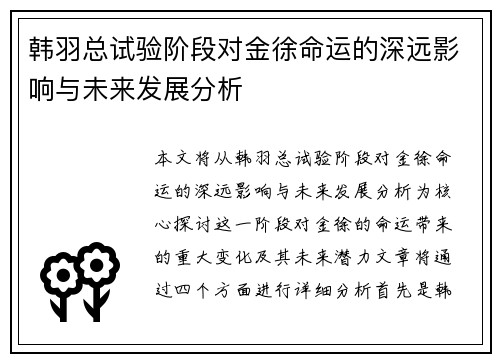 韩羽总试验阶段对金徐命运的深远影响与未来发展分析